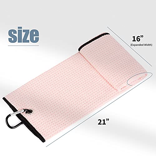 Mile High Life Microfiber Waffle Pattern Tri-fold Golf Towel | Brush Tool Kit with Club Groove Cleaner, Retractable Extension Cord and Clip (Pink Towel+Pink Brush)