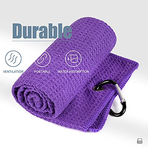 Mile High Life Microfiber Waffle Pattern Tri-fold Golf Towel | Brush Tool Kit with Club Groove Cleaner, Retractable Extension Cord and Clip (Purple Towel+Black Brush)