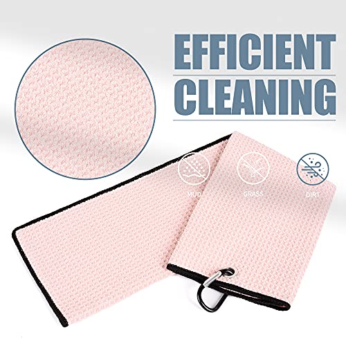 Mile High Life Microfiber Waffle Pattern Tri-fold Golf Towel | Brush Tool Kit with Club Groove Cleaner, Retractable Extension Cord and Clip (Pink Towel+Black Brush)