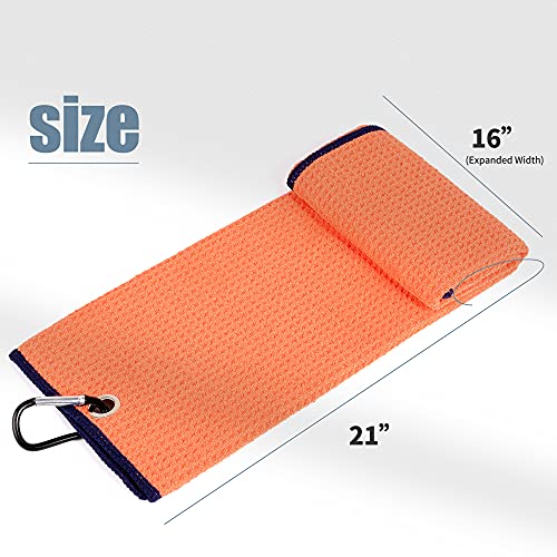 Mile High Life Microfiber Waffle Pattern Tri-fold Golf Towel | Brush Tool Kit with Club Groove Cleaner, Retractable Extension Cord and Clip (Orange Towel+Orange Brush)