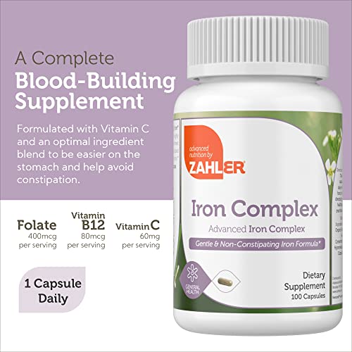 Zahler - Iron Supplement with Vitamin C - Capsule Iron Pills for Women and Men - High Absorption, Easy on Stomach, Kosher Ferrous Iron Supplements with Vitamins C, B12, Folate & More - 100 Count