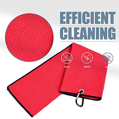 Mile High Life Microfiber Waffle Pattern Tri-fold Golf Towel | Brush Tool Kit with Club Groove Cleaner, Retractable Extension Cord and Clip (Red Towel+Red Brush)