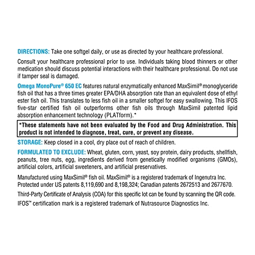 Xymogen Omega MonoPure 650 EC Fish Oil 120 Softgels