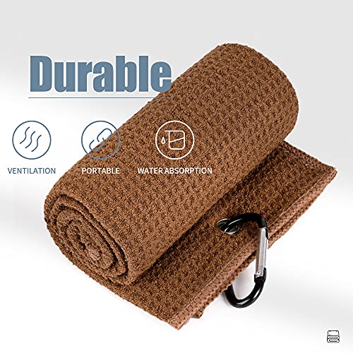 Mile High Life Microfiber Waffle Pattern Tri-fold Golf Towel | Brush Tool Kit with Club Groove Cleaner, Retractable Extension Cord and Clip (Brown Towel+Black Brush)