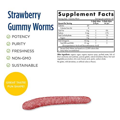 Nordic Naturals Nordic Omega-3 Gummy Worms, Strawberry - 30 Gummy Worms - 63 mg Total Omega-3s with EPA & DHA - Non-GMO - 30 Servings