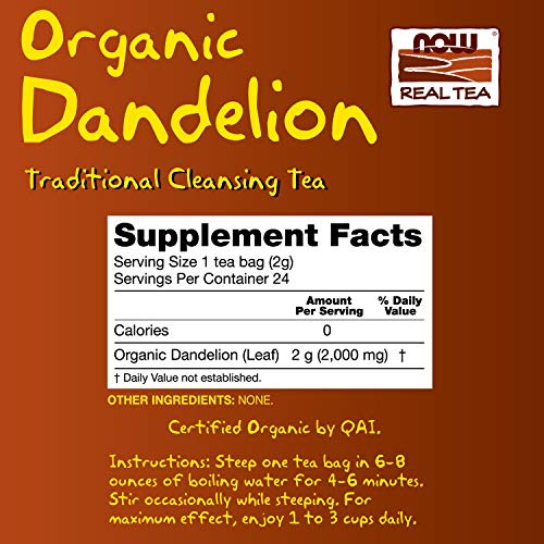 NOW Foods, Certified Organic Dandelion Traditional Cleansing Herbal Tea, Caffeine-Free, Non-GMO, Premium Unbleached Tea Bags with No-Staples Design, 24-Count