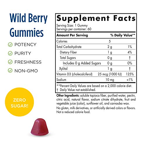 Nordic Naturals Zero Sugar Vitamin D3 Gummies, Wild Berry - 1000 IU Vitamin D3-60 Gummies - Great Taste - Healthy Bones, Mood & Immune System Function - Non-GMO - 60 Servings