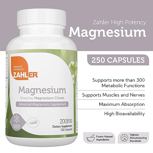 Zahler - Magnesium Supplement Capsules 200 mg (250 Count) Certified Kosher Bioactive Magnesium Citrate for Max Absorption - Natural Magnesium Mineral for Men & Women - Best Magnesium Supplements