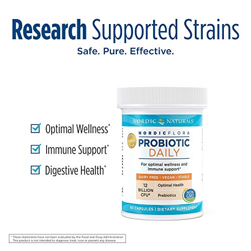 Nordic Naturals Nordic Flora Probiotic Daily - 60 Capsules - 4 Probiotic Strains with 12 Billion Cultures - Optimal Wellness, Immune Support, Digestive Health - Non-GMO, Vegan - 30 Servings