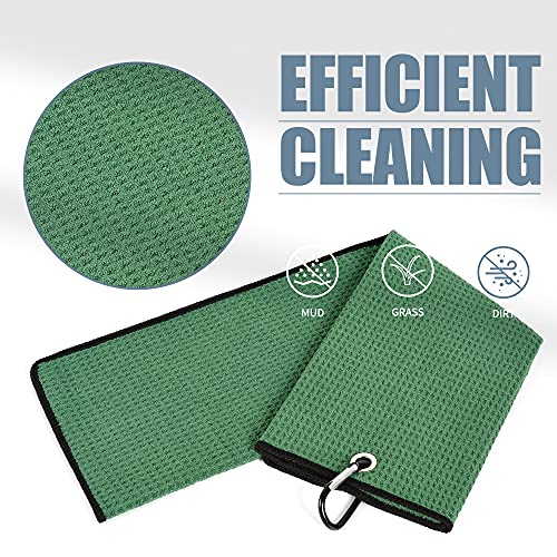 Mile High Life Microfiber Waffle Pattern Tri-fold Golf Towel | Brush Tool Kit with Club Groove Cleaner, Retractable Extension Cord and Clip (Green Towel+Green Brush)