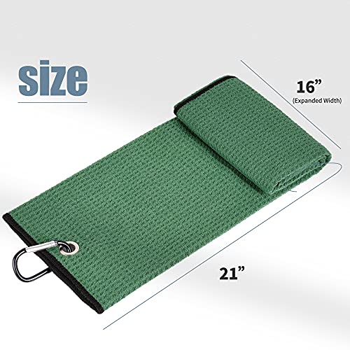 Mile High Life Microfiber Waffle Pattern Tri-fold Golf Towel | Brush Tool Kit with Club Groove Cleaner, Retractable Extension Cord and Clip (Green Towel+Green Brush)