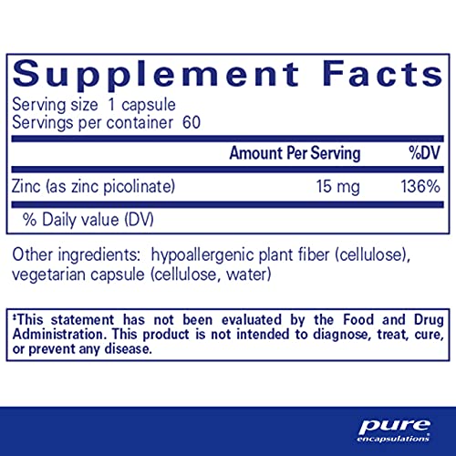 Pure Encapsulations Zinc 15 mg | Zinc Picolinate Supplement for Immune System Support, Growth and Development, Wound Healing, Prostate, and Reproductive Health* | 60 Capsules