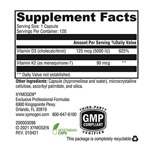 XYMOGEN K2D3 5000 Vitamin D3 K2 Bioavailable Vitamin D 5000 IU (C