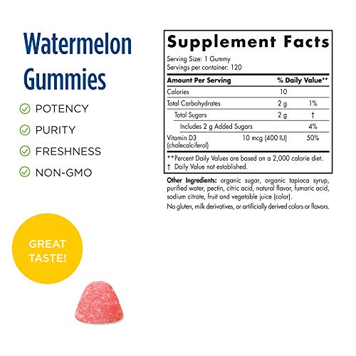 Nordic Naturals Vitamin D3 Gummies Kids, Wild Watermelon Splash - 120 Gummies - 400 IU Vitamin D3 - Bone Health, Healthy Immunity - Non-GMO, Vegetarian - 120 Servings