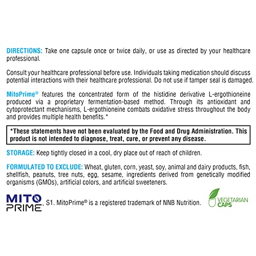 XYMOGEN MitoPrime - Fermentation-Based L Ergothioneine - Antioxidant Supplement to Support Brain Health + Already-Healthy Glutathione Levels in The Body (30 Capsules)