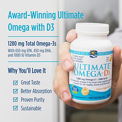 Nordic Naturals Ultimate Omega-D3, Zitronengeschmack – 1280 mg Omega-3 + 1000 IE Vitamin D3-120 Softgels – Omega-3-Fischöl – EPA und DHA – Fördert die Gesundheit von Gehirn, Herz, Gelenken und Immunsystem – 60 Portionen