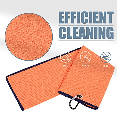 Mile High Life Microfiber Waffle Pattern Tri-fold Golf Towel | Brush Tool Kit with Club Groove Cleaner, Retractable Extension Cord and Clip (Orange Towel+Orange Brush)