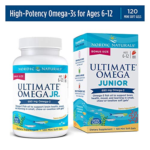 Nordic Naturals Ultimate Omega Jr, Strawberry - 120 Mini Soft Gels - 680 Total Omega-3s with EPA & DHA - Brain Health, Mood, Learning - Non-GMO - 60 Servings