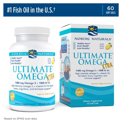 Nordic Naturals Ultimate Omega Xtra, Lemon Flavor - 1480 mg Omega-3 + 1000 IU Vitamin D3-60 Soft Gels - Omega-3 Fish Oil - EPA & DHA - Brain, Heart, Joint, & Immune Health - 30 Servings