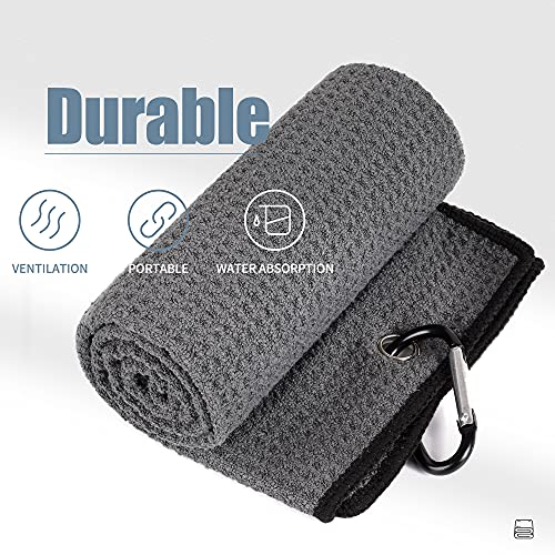 Mile High Life Microfiber Waffle Pattern Tri-fold Golf Towel | Brush Tool Kit with Club Groove Cleaner, Retractable Extension Cord and Clip (Dark Gray Towel+Black Brush)