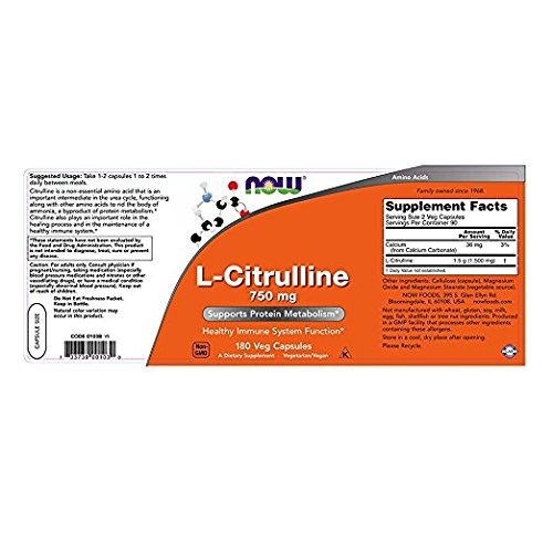 NOW Foods L-Citrulline 750 mg, 180 Capsules (2 Pack)