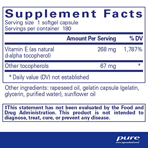 Pure Encapsulations Vitamin E (with Mixed Tocopherols) | Antioxidant Supplement to Support Cellular Respiration and Cardiovascular Health* | 180 Softgel Capsules