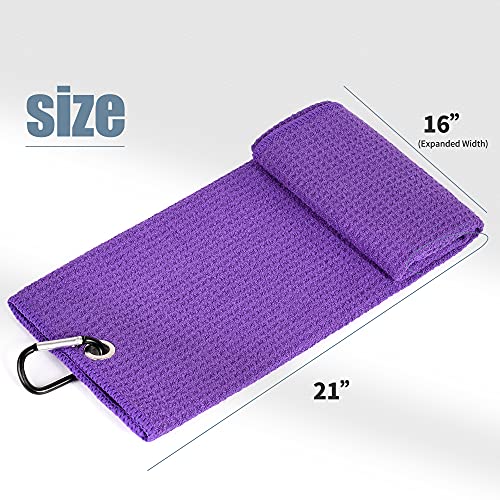 Mile High Life Microfiber Waffle Pattern Tri-fold Golf Towel | Brush Tool Kit with Club Groove Cleaner, Retractable Extension Cord and Clip (Purple Towel+Black Brush)