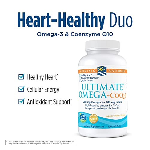 Nordic Naturals Ultimate Omega + CoQ10, Lemon - 120 Soft Gels - 1280 mg Omega-3 + 100 mg CoQ10 - Heart Health, Cellular Energy, Antioxidant Support - Non-GMO - 60 Servings