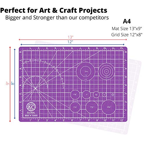 KC GLOBAL A4 (13"x9") Professional Grade Self-Healing Cutting Mat (Purple) - Odor-Free, Double-Sided, Eco-Friendly, Non-Slip, Premium Desk mat for DIY, Crafting, Model Building and Art Projects