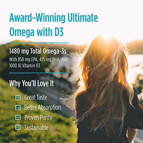 Nordic Naturals Ultimate Omega Xtra, Lemon Flavor - 1480 mg Omega-3 + 1000 IU Vitamin D3-60 Soft Gels - Omega-3 Fish Oil - EPA & DHA - Brain, Heart, Joint, & Immune Health - 30 Servings