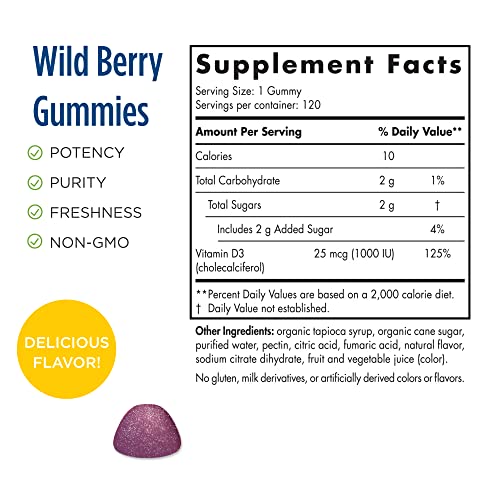 Nordic Naturals Vitamin D3 Gummies, Wild Berry - 1000 IU Vitamin D3-120 Gummies - Great Taste - Healthy Bones, Mood & Immune System Function - Non-GMO - 120 Servings