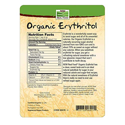 NOW Foods, Organic Erythritol, Pleasant Sweetner for Reduced-Calorie and Sugar-Free Recipes, Zero-Calorie, Low Glycemic Impact, 1-Pound (Packaging May Vary)