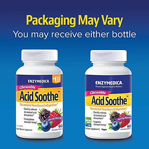 Enzymedica, Acid Soothe Chewable, Promotes Relief from Heartburn and Indigestion While Helping to Strengthen the Stomach Lining, Vegan, Non-GMO, 60 Tablets (60 Servings)