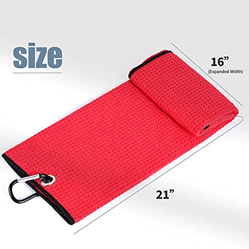 Mile High Life Microfiber Waffle Pattern Tri-fold Golf Towel | Brush Tool Kit with Club Groove Cleaner, Retractable Extension Cord and Clip (Red Towel+Red Brush)