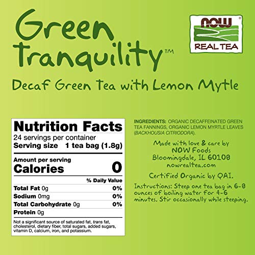 NOW Foods, Certified Organic Green Tranquility™ Tea, Decaf Green with Lemon Myrtle, Non-GMO, Premium Unbleached Tea Bags with No-Staples Design, 24-Count