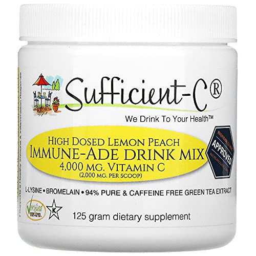 Sufficient-C High Dose Non-GMO Vitamin C Lemon Peach Immune-Ade Drink Mix, Convenient 125 Grams - with L-lysine, Bromelain and a Premium 96% Pure Green Tea Extract - immune, thyroid and adrenal and collagen support for healthy skin - UTI, acne, cold and c