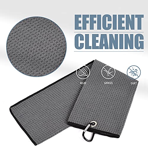 Mile High Life Microfiber Waffle Pattern Tri-fold Golf Towel | Brush Tool Kit with Club Groove Cleaner, Retractable Extension Cord and Clip (Dark Gray Towel+Black Brush)