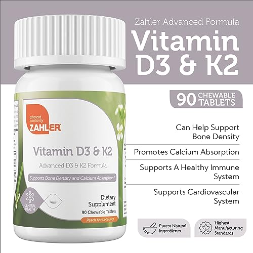 Zahler - Vitamin D3 & K2 Chewable Supplement (90 Count) - Certified Kosher K2 D3 Vitamin 5000 IU Delicious Chew Tablet - Vitamin D & K2 for Calcium Absorption, Bone Density & Immune Support