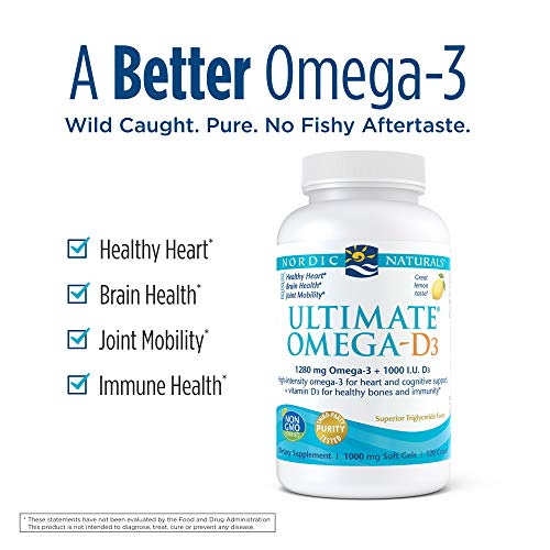 Nordic Naturals Ultimate Omega-D3, Zitronengeschmack – 1280 mg Omega-3 + 1000 IE Vitamin D3-120 Softgels – Omega-3-Fischöl – EPA und DHA – Fördert die Gesundheit von Gehirn, Herz, Gelenken und Immunsystem – 60 Portionen