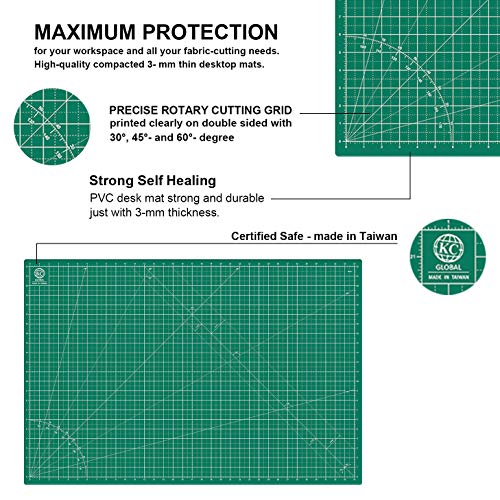 KC GLOBAL A3 (18"x12") Self-Healing Cutting Mat (Dark Green) - Sturdy, Reversible, Eco-Friendly, Non-Slip. Premium Desk Mat for Crafters, Quilters, and Hobbyist