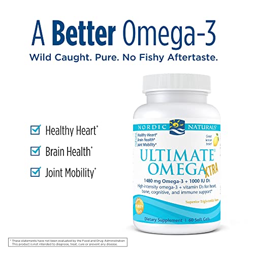 Nordic Naturals Ultimate Omega Xtra, Lemon Flavor - 1480 mg Omega-3 + 1000 IU Vitamin D3-60 Soft Gels - Omega-3 Fish Oil - EPA & DHA - Brain, Heart, Joint, & Immune Health - 30 Servings