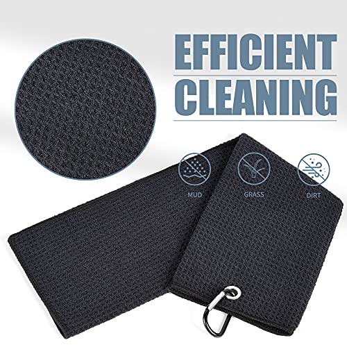 Mile High Life Microfiber Waffle Pattern Tri-fold Golf Towel | Brush Tool Kit with Club Groove Cleaner, Retractable Extension Cord and Clip (Black Towel+Grey Brush)