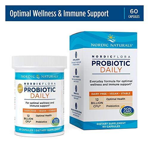 Nordic Naturals Nordic Flora Probiotic Daily - 60 Capsules - 4 Probiotic Strains with 12 Billion Cultures - Optimal Wellness, Immune Support, Digestive Health - Non-GMO, Vegan - 30 Servings