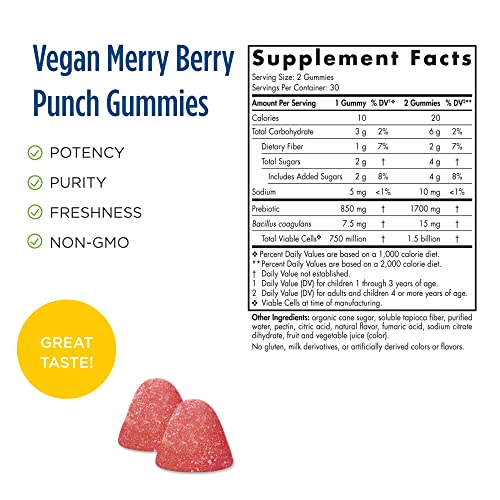 Nordic Naturals Kids Nordic Flora Probiotic Gummies, Merry Berry Punch - 60 Gummies - 1.5 Billion CFU & Prebiotic Fiber - Non-GMO, Vegan - 30 Servings