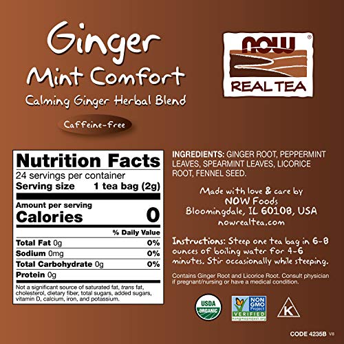 NOW Foods, Ginger Mint Comfort Tea, Calming and Tummy-Pleasing Ginger-Mint Herbal Blend, Caffeine-Free, Non-GMO, Premium Unbleached Tea Bags with No-Staples Design, 24-Count