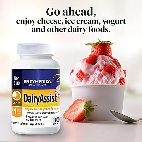 Enzymedica, DairyAssist, Enzyme Support for Digestive Relief From Lactose Intolerance, 30 Capsules