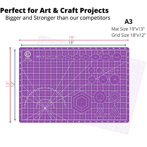 KC GLOBAL A3 (19"x13") Professional Grade Self-Healing Cutting Mat (Purple) - Odor-Free, Double-Sided, Eco-Friendly, Non-Slip, Premium Desk mat for DIY, Crafting, Model Building,and Art Projects