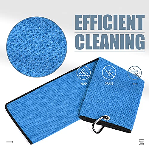 Mile High Life Microfiber Waffle Pattern Tri-fold Golf Towel | Brush Tool Kit with Club Groove Cleaner, Retractable Extension Cord and Clip (Blue Towel+Blue Brush)