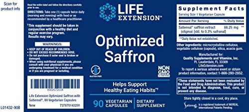 Life Extension Optimized Saffron 90 Veg Caps - 88.25 mg