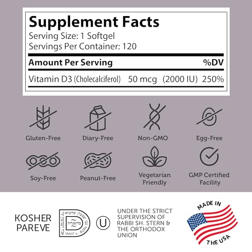 Zahler - Advanced Vitamin D3 2000 IU Softgels (120 Count) Kosher Vegetarian Friendly Vitamin D for Immune Support, Bone, Teeth & Muscle Health - Daily D3 Vitamin Supplement for Adults - Easy Swallow V